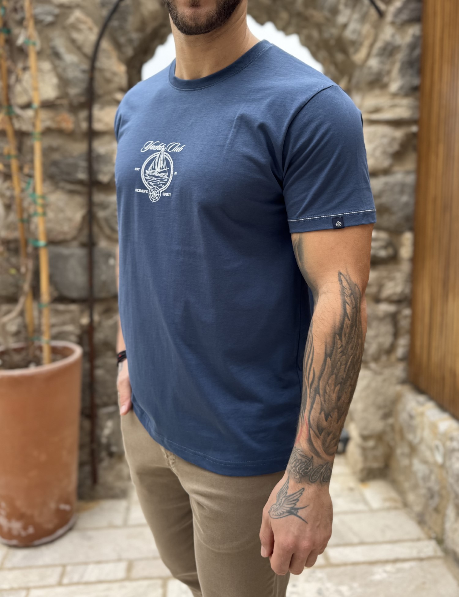 Everbest ανδρική μπλε Indigo κοντομάνικη μπλούζα με τύπωμα Plus Size 262803I